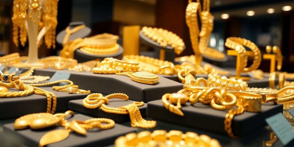 Vitrine de bijoux en or dans une boutique.