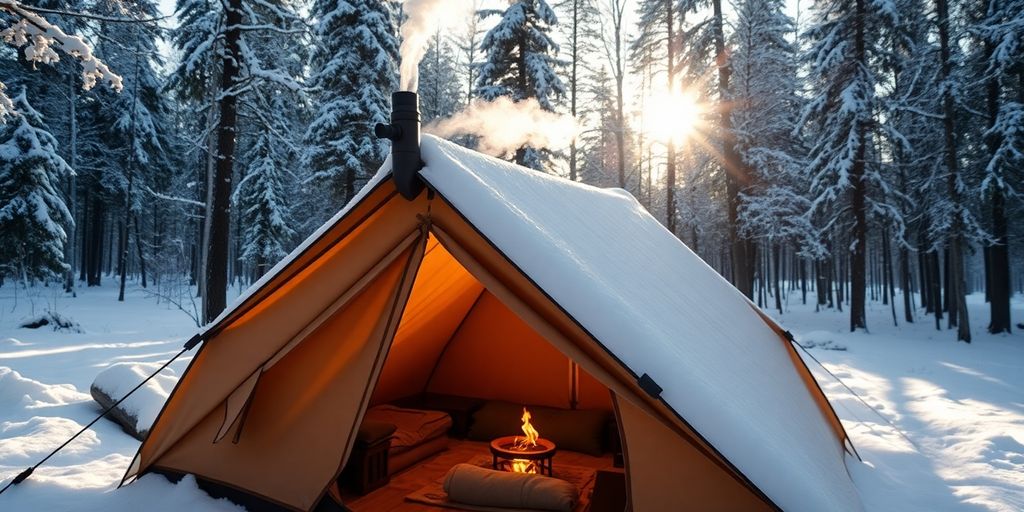 Vinterläger med tält och rykande kamin.