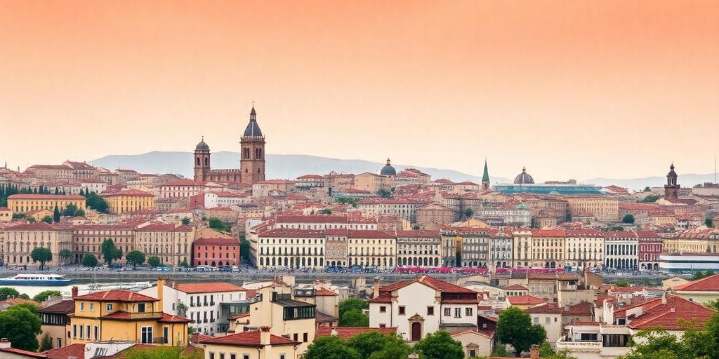 Spanish skyline with financial elements blended into the view.