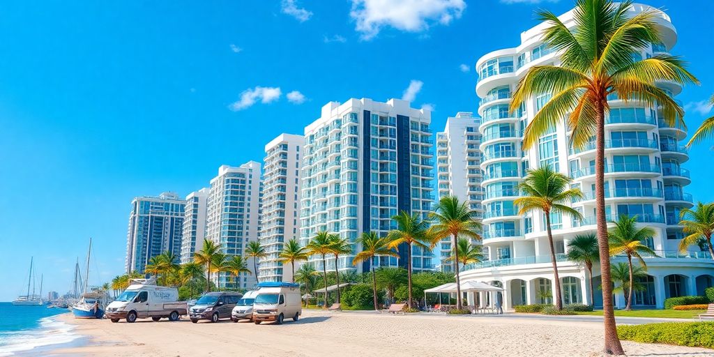 Sunny Isles Beach waterfront condos with palm trees and ocean.