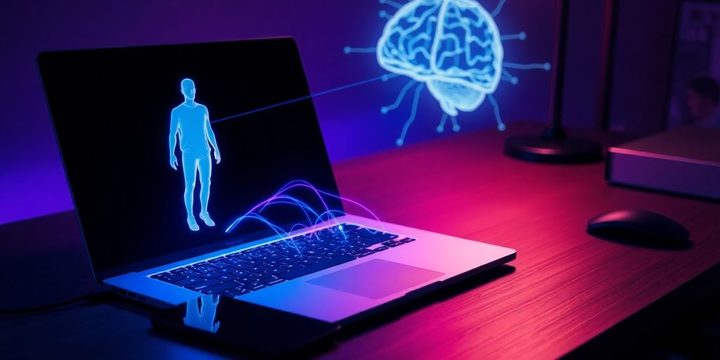 Futuristic desk with laptop hologram, smartphone, neon blue purple glow