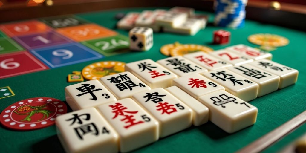 Mahjong Poker tiles with poker chips and dice.