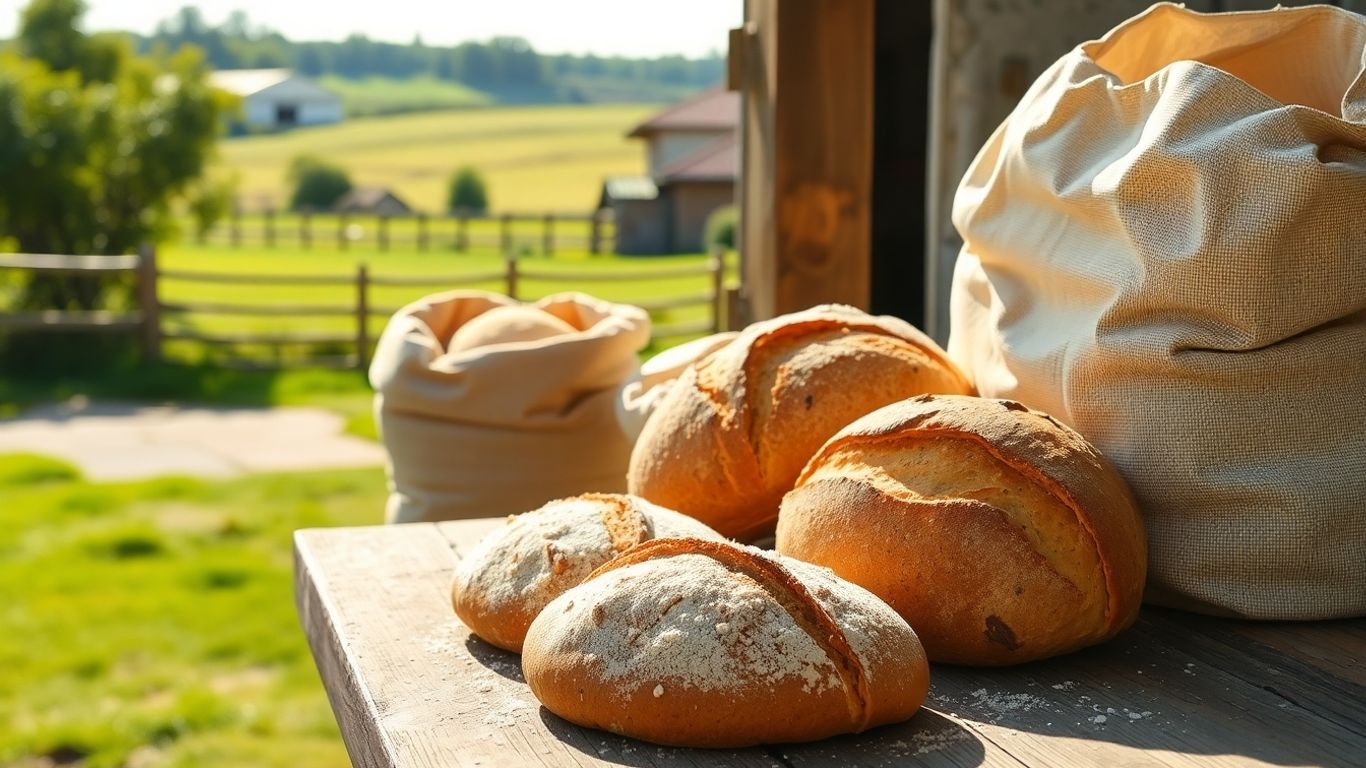 Devon countryside farm, flour sacks, and crusty bread loaves