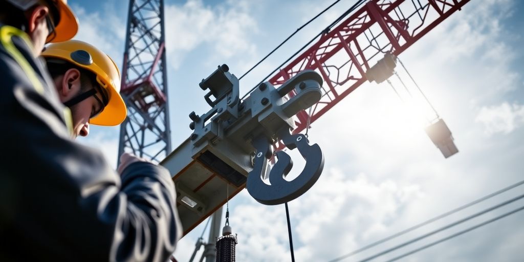 Crane operator inspecting heavy machinery.