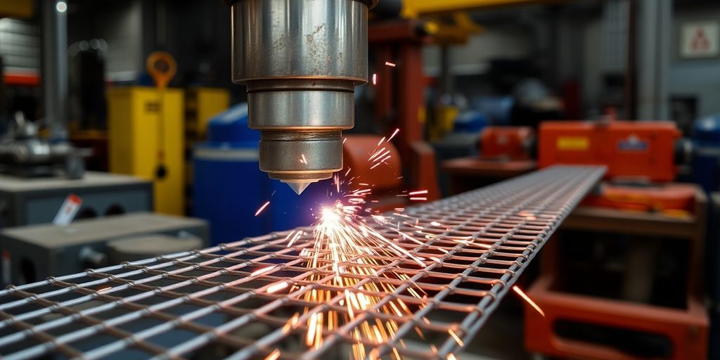 Mesh welding machine in action with sparks flying.