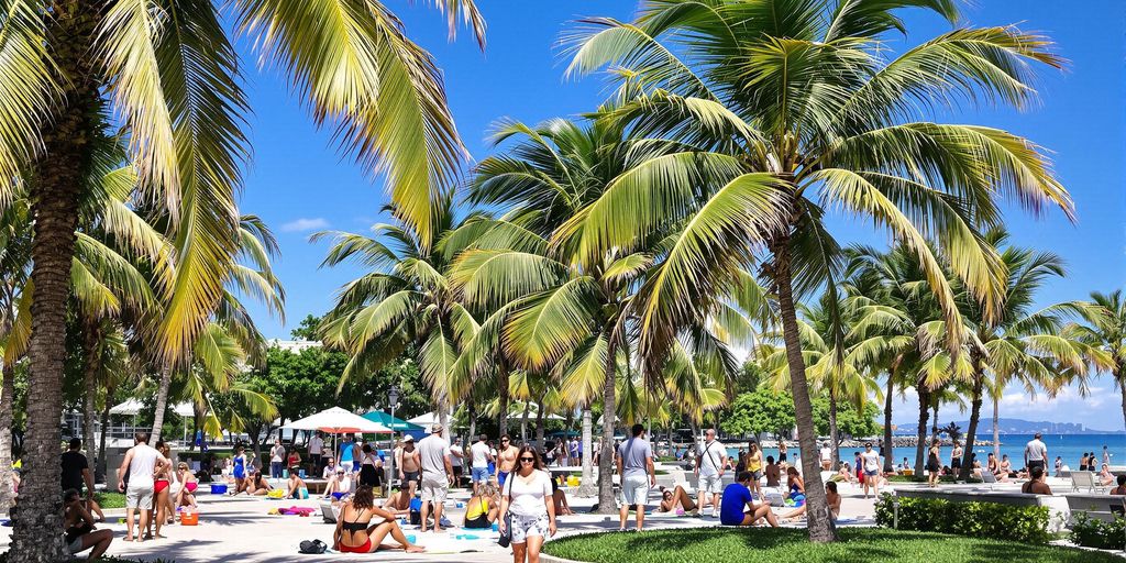 Sunny day in Aventura with palm trees and blue skies.