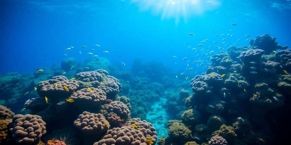 Vibrant coral reef teeming with colorful fish in clear blue water.