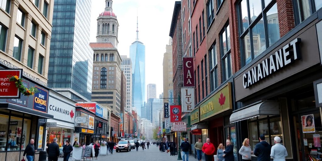 Negocios canadienses prósperos en un entorno urbano vibrante.