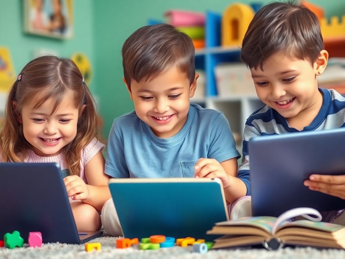 Copii jucându-se cu dispozitive digitale în mediu colorat.