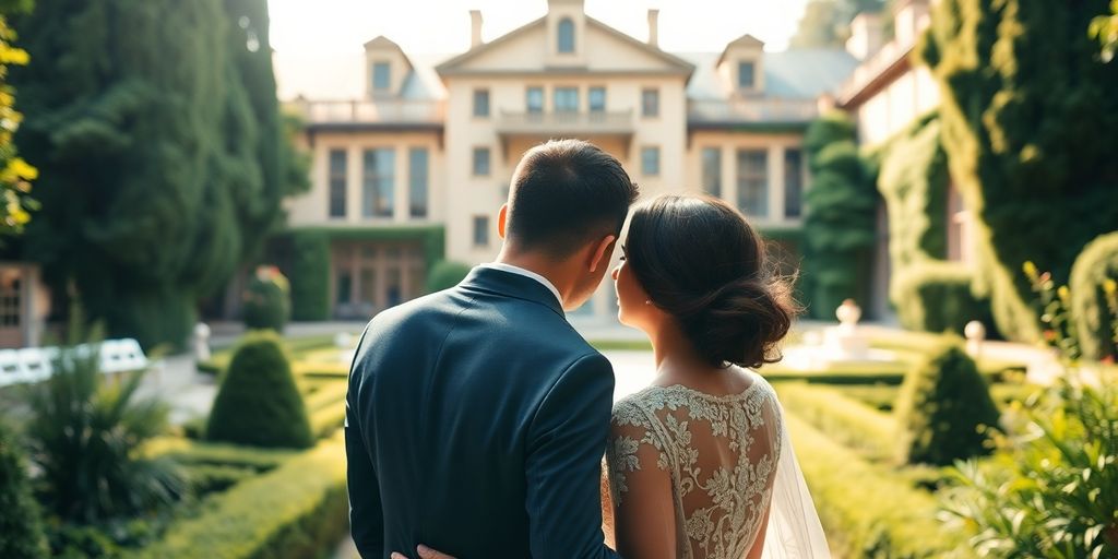 Bride and groom looking at wedding venue.