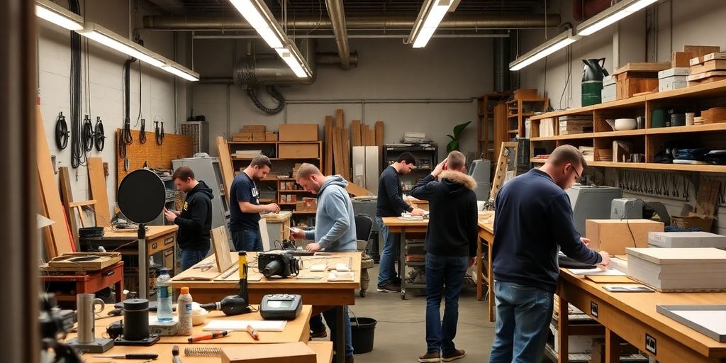 Makers working with sophisticated tools in a vibrant workshop.