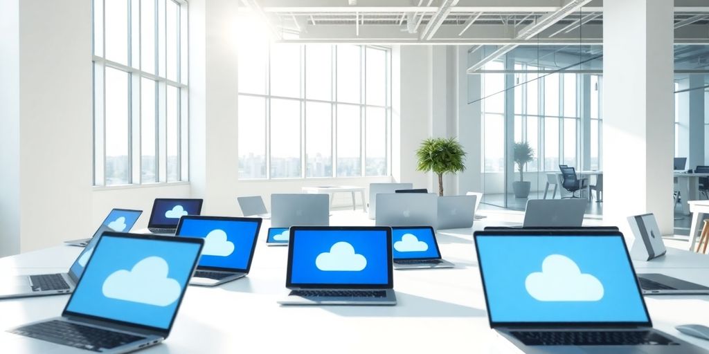 Modern office with laptops and cloud icons.