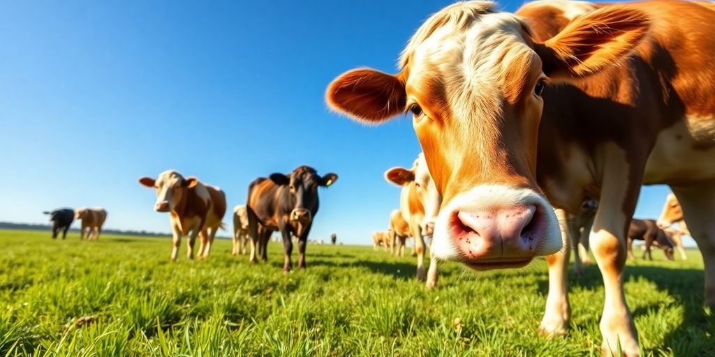 Cows grazing on green grass in a sunny pasture.