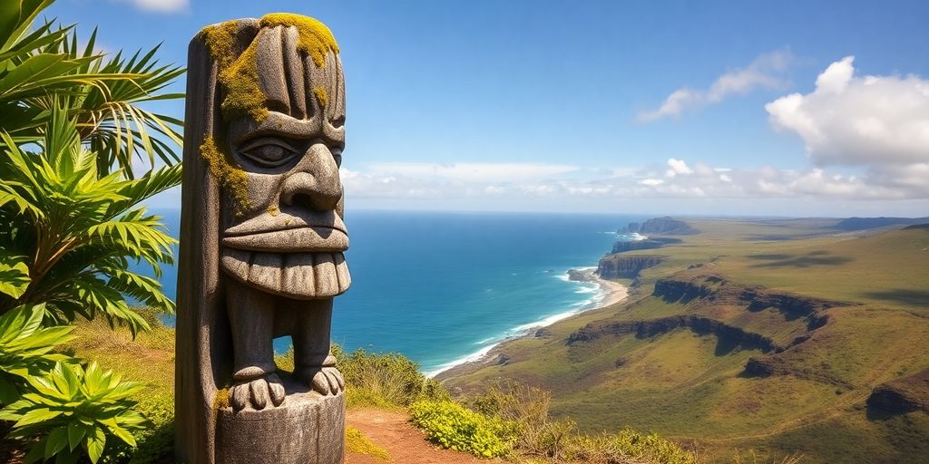 Ancient stone tiki statue in lush green Marquesan landscape.