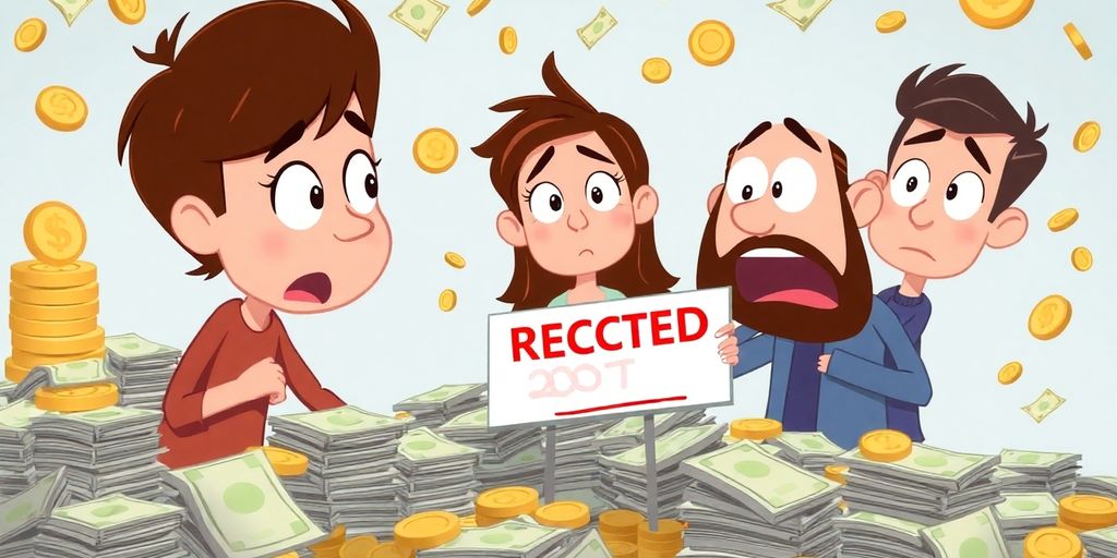 Cartoon hands holding a loan document with a red 'X'.