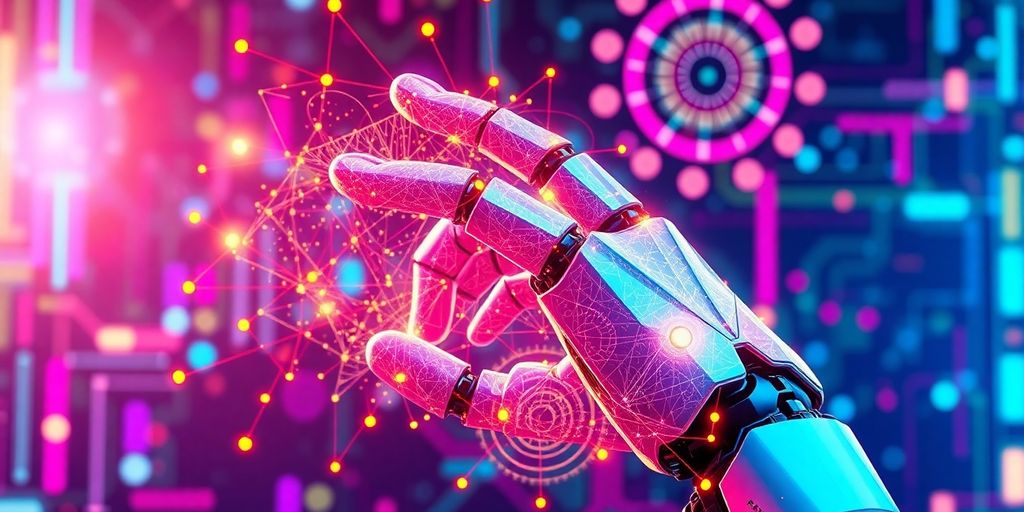A robotic hand crafting digital artwork in vibrant colours.