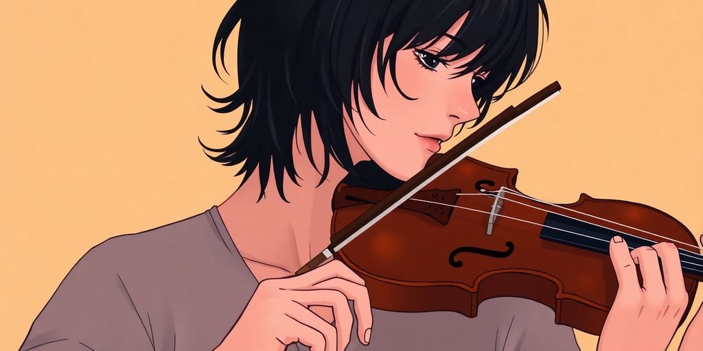 Violinist playing, bow on strings, focused expression.