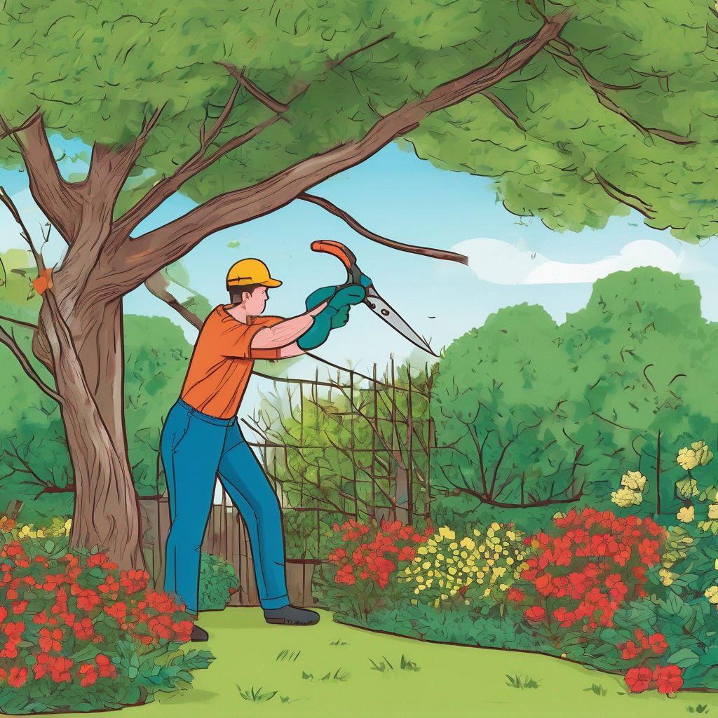 person trimming tree branches safely in a garden