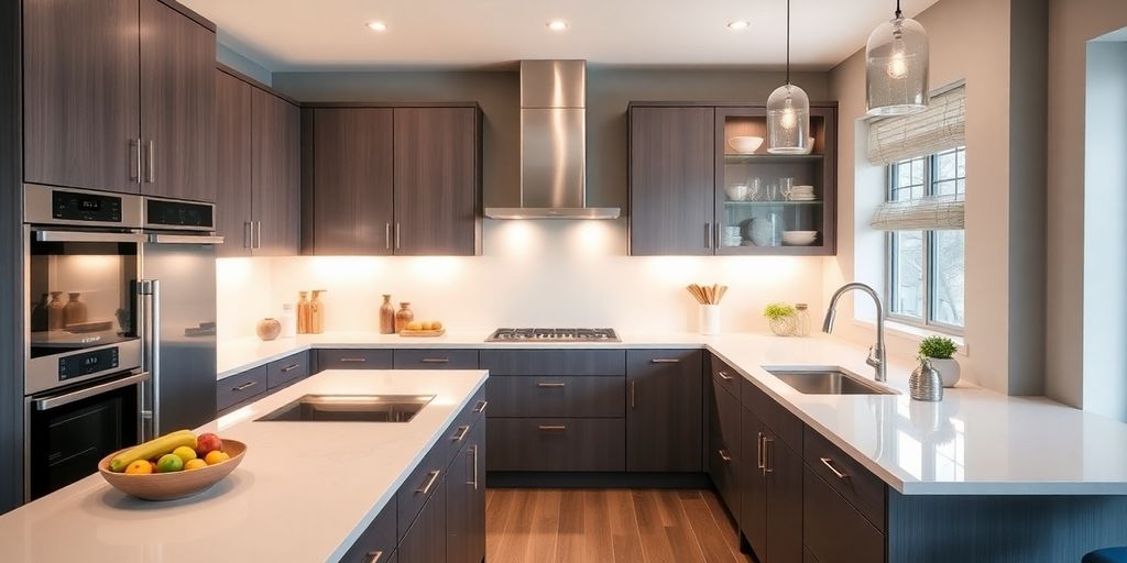 Modern kitchen with sleek cabinets and stylish appliances.