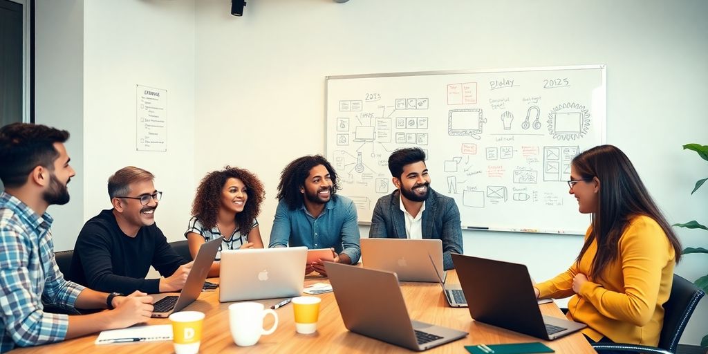 Diverse team collaborating in a modern workspace.