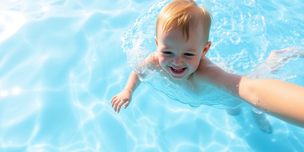Happy child splashes water during swimming lesson.