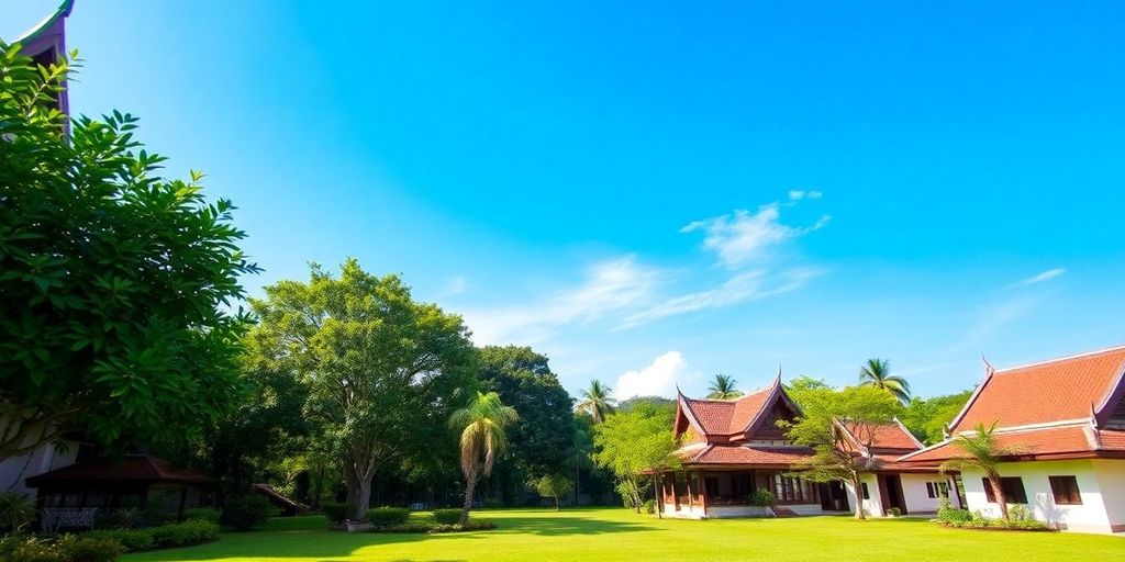 Traditional Thai house surrounded by lush greenery.