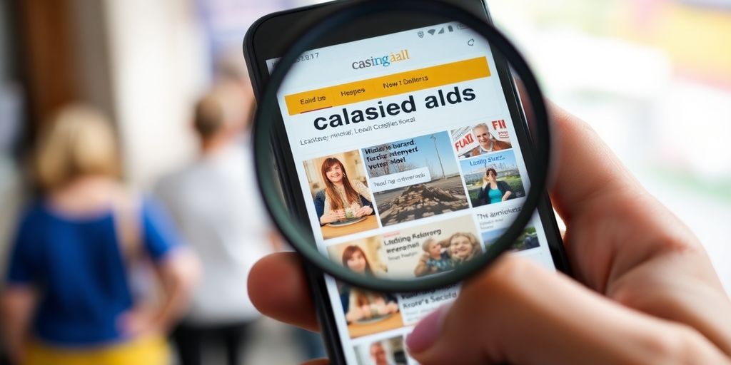 Smartphone displaying local classified ads and a magnifying glass.