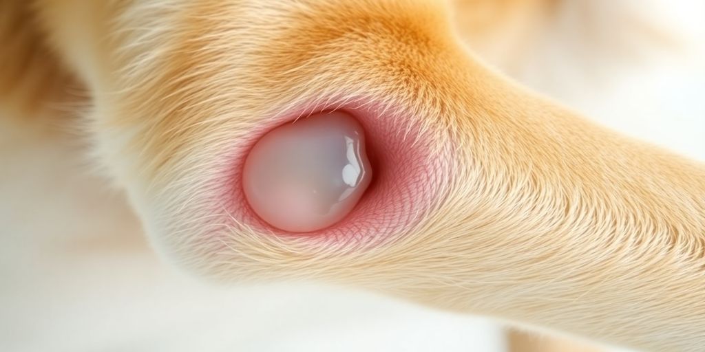 Swollen dog elbow with fluid-filled sac visible.
