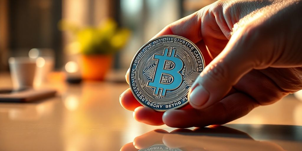 Hand holding shiny cryptocurrency coin with soft warm lighting backdrop