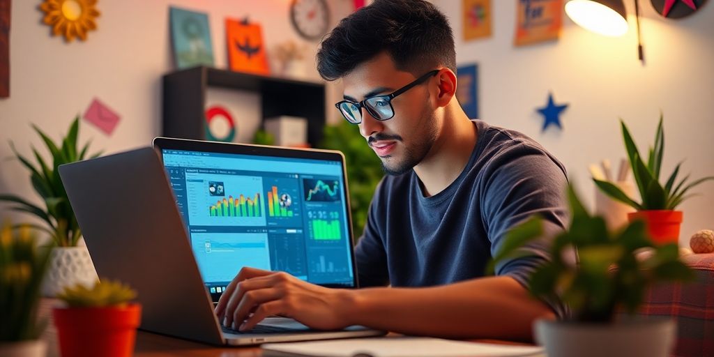 Pessoa analisando conteúdo digital em um laptop.