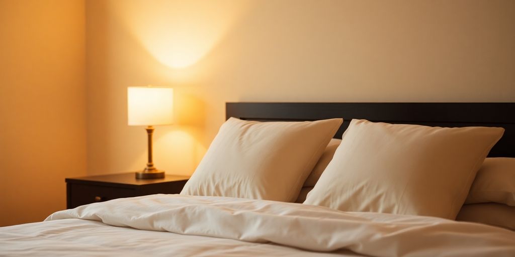 Cozy bedroom with soft lighting and comfortable bedding.