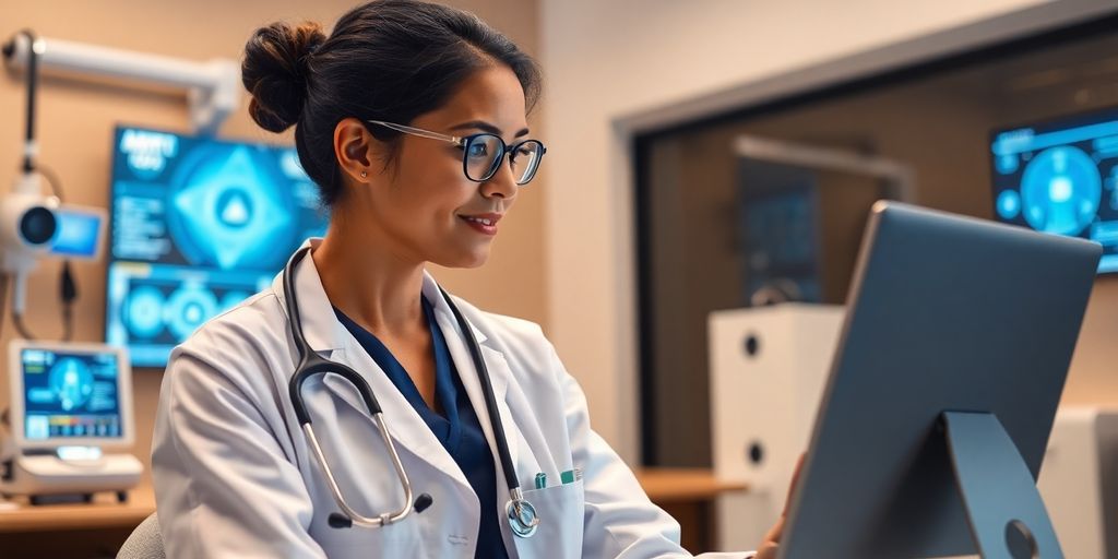 Doctor consulting patient through digital device in bright room.