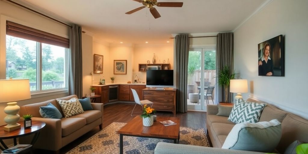 Cozy vacation rental living area with stylish decor.