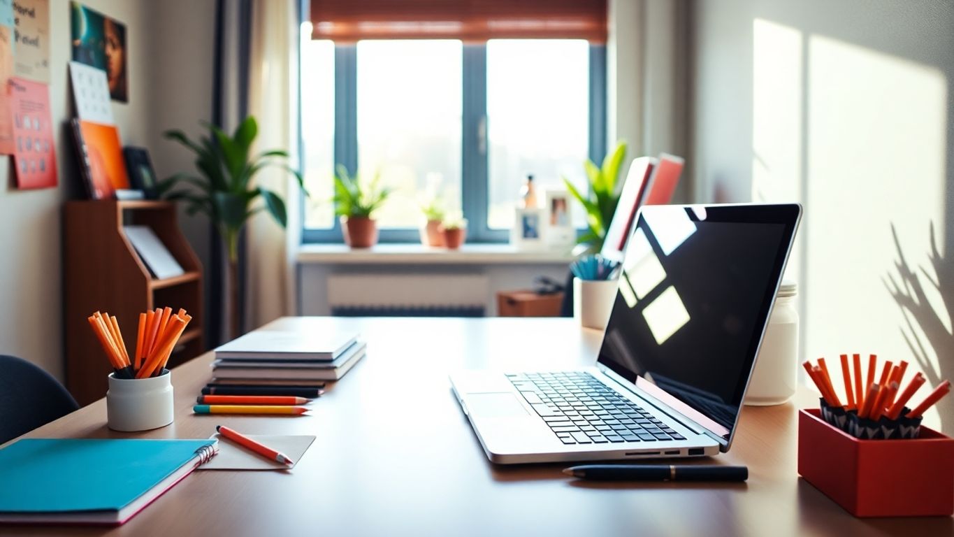 Modern workspace with laptop and stationery on desk.