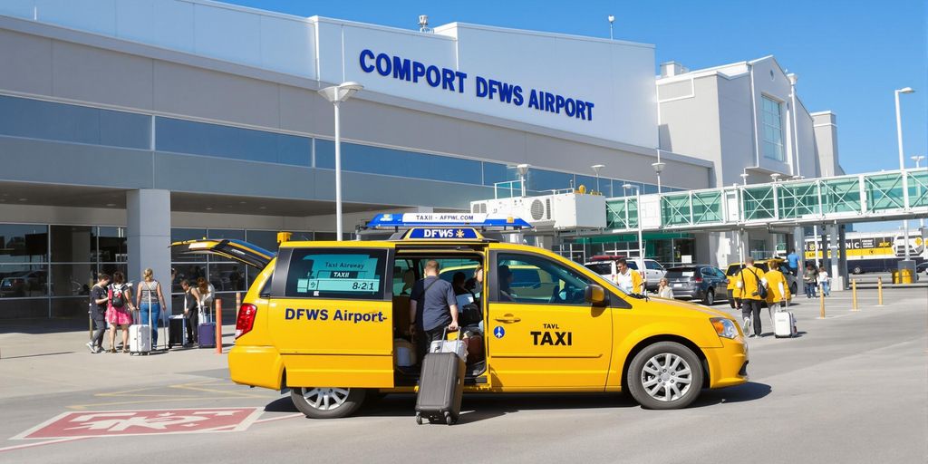 Yellow taxi at DFW Airport with travelers and luggage.