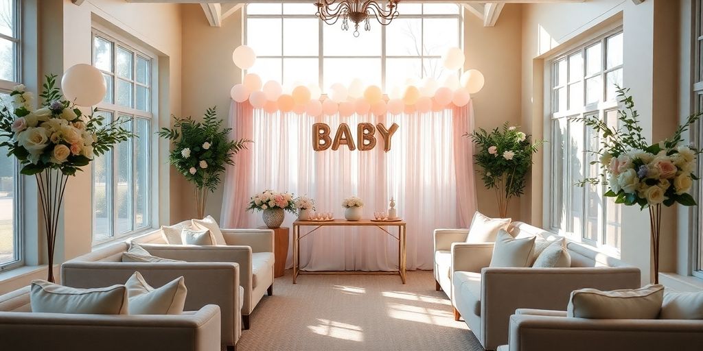 Elegant Dallas baby shower venue with floral decorations.