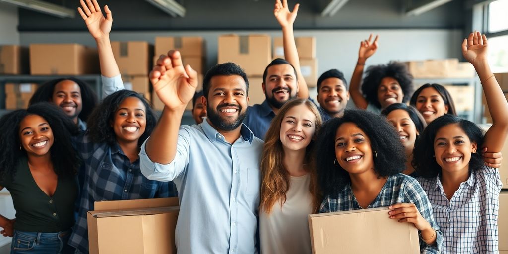 Diverse Amazon sellers celebrating success with packed boxes.