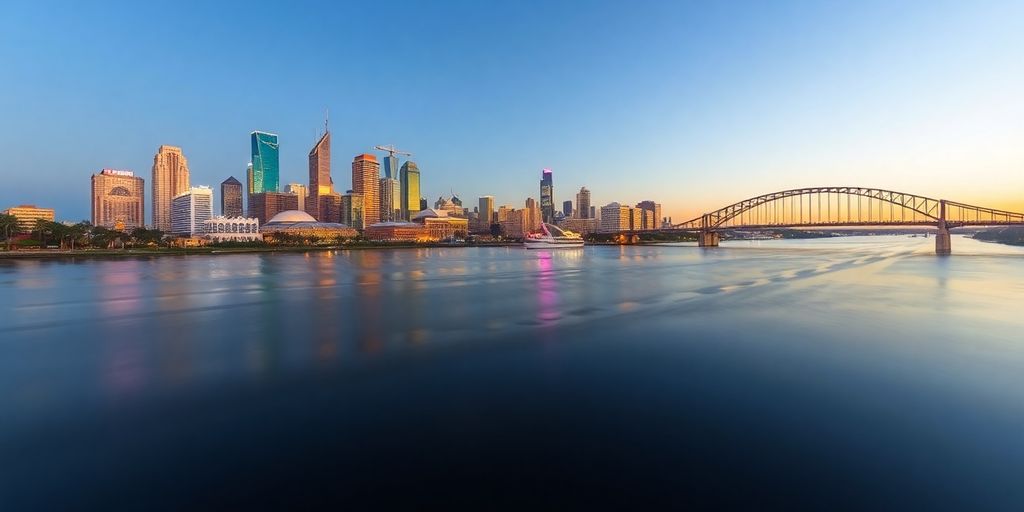 Brisbane skyline, river, Story Bridge. Daylight.