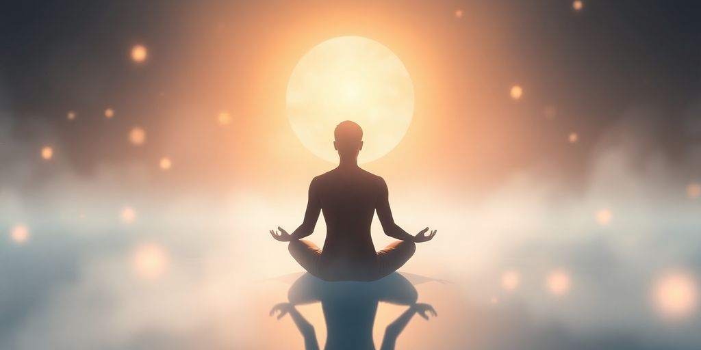 Person meditating in a tranquil, glowing environment.