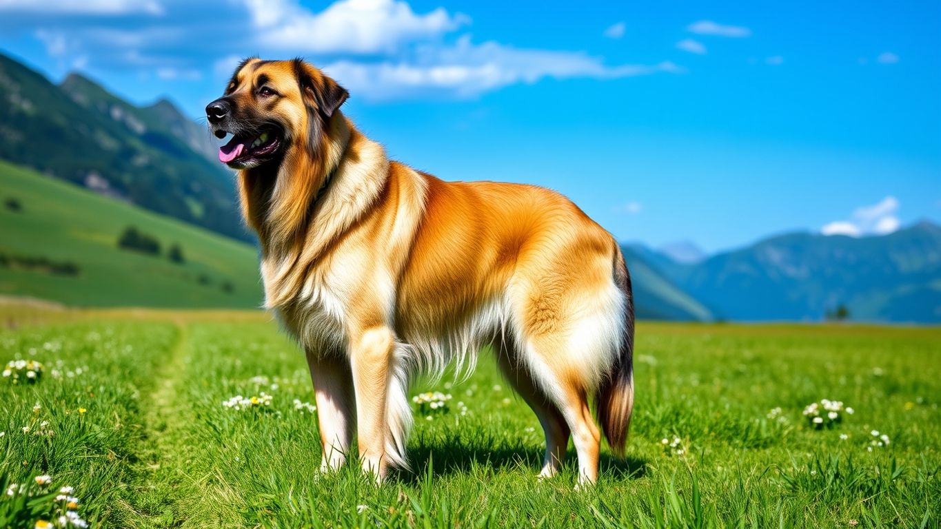 Maremma-Abruzzese Shepherd dog in a scenic meadow.