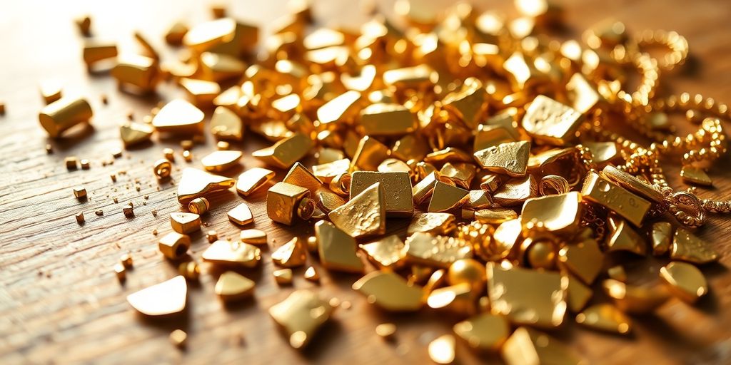 Bijoux en or cassé sur une surface en bois.