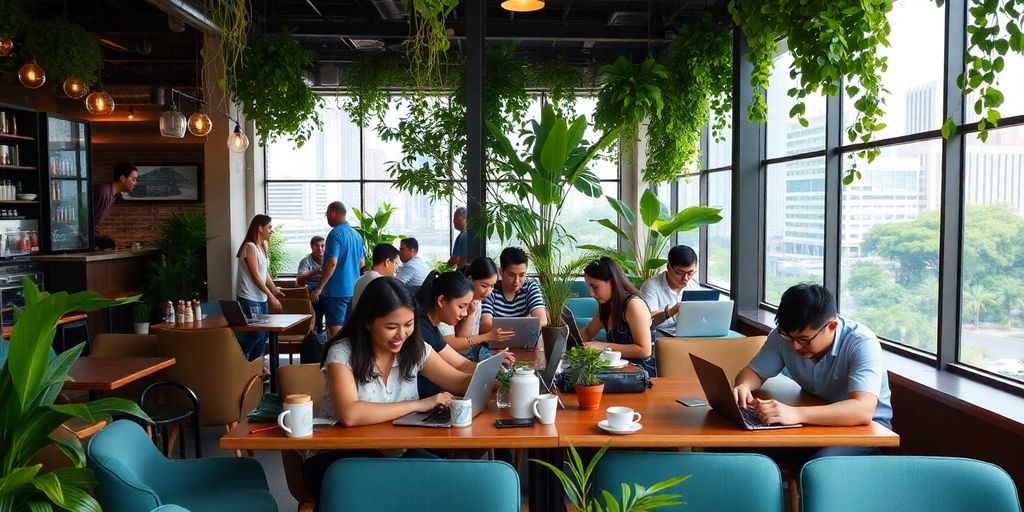 Café scene with digital nomads networking in Singapore.