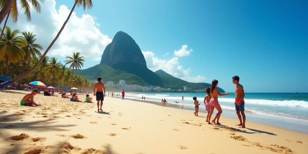 Praia cheia de famílias se divertindo no Rio.