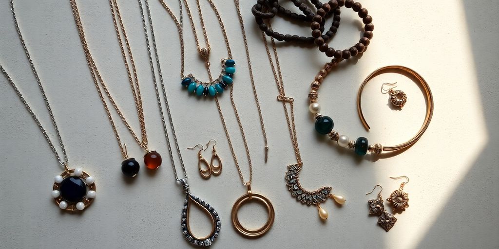 Assorted handcrafted jewelry on a textured neutral background.