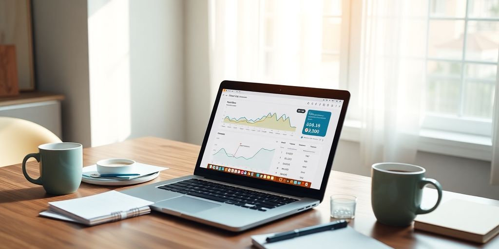 Laptop and coffee on a desk for online marketing.
