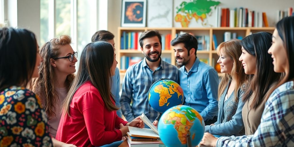 Grupo diverso conversando em inglês com livros e globo.