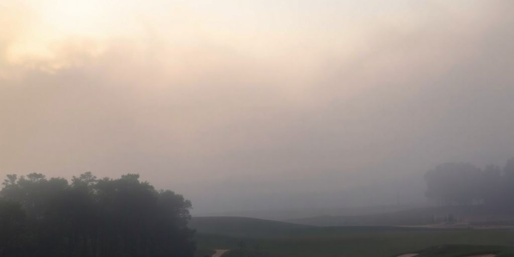 Golf course affected by wildfires, smoky and hazy atmosphere.