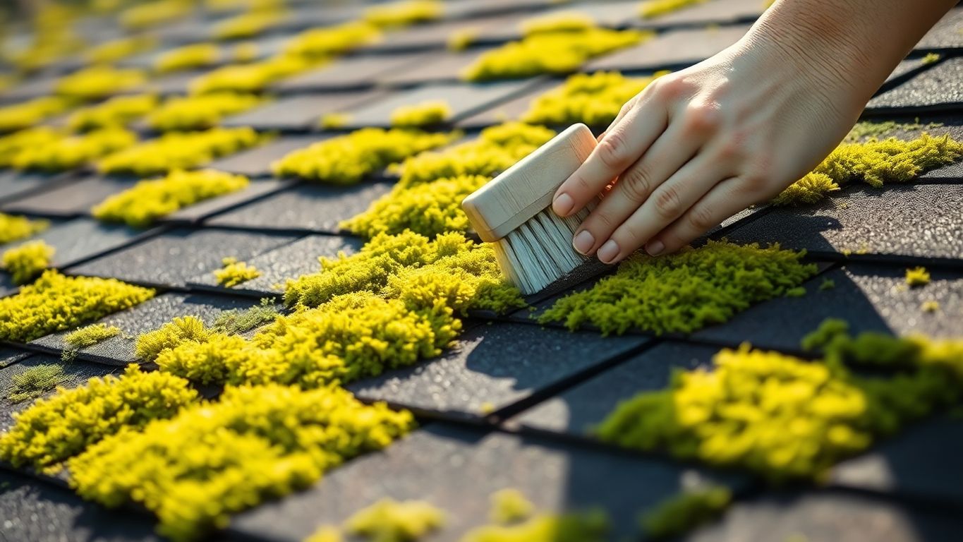Cleaning moss off a sloped roof.