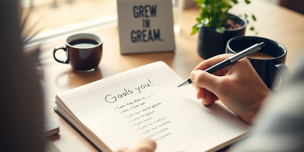 Person writing goals in a notebook with coffee and plants.