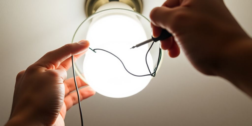 Installing a chandelier, close-up on hands.